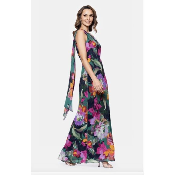 $198 Xscape Evenings Floral One-Shoulder Chiffon Gown Size 12 New - Picture 2 of 7
